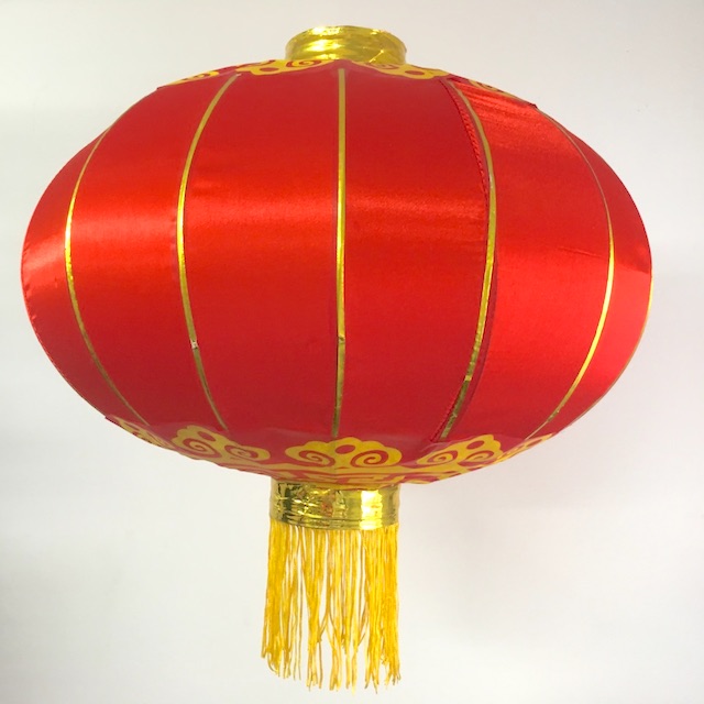 LANTERN, Asian - Chinese Red w Gold Fringe & Yellow Pattern Detail 50cm D